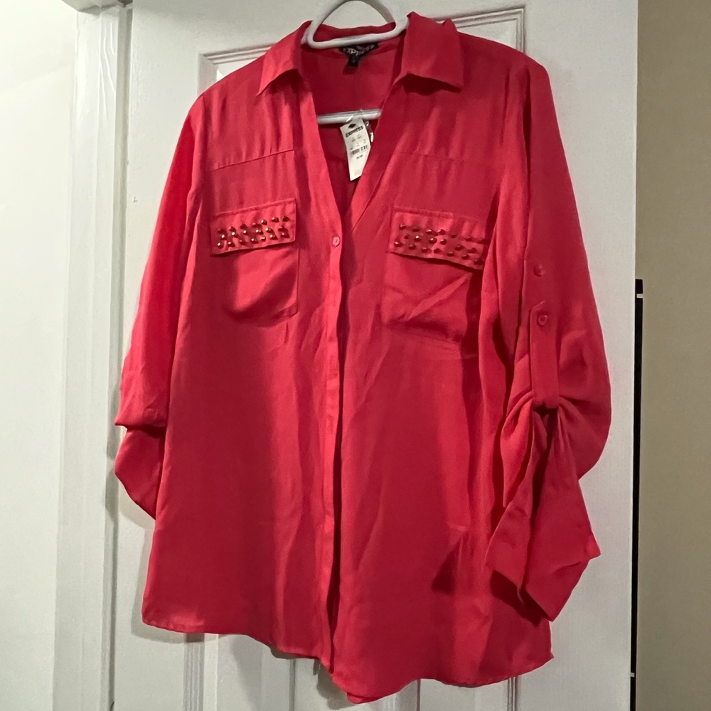 Express Vibrant Pink Button-Up Blouse M NWT
